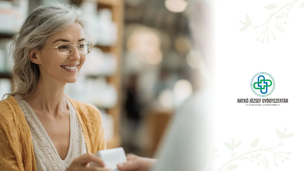 Egy gyógyszertár pultjánál egy középkorú nő két doboz gyógyszert tart a kezében, tanácstalanul néz a gyógyszerészre. A gyógyszerész barátságosan, magyarázó kézmozdulattal segít neki dönteni. A háttérben gyógyszeres polcok láthatók, a hangulat nyugodt és bizalomkeltő.